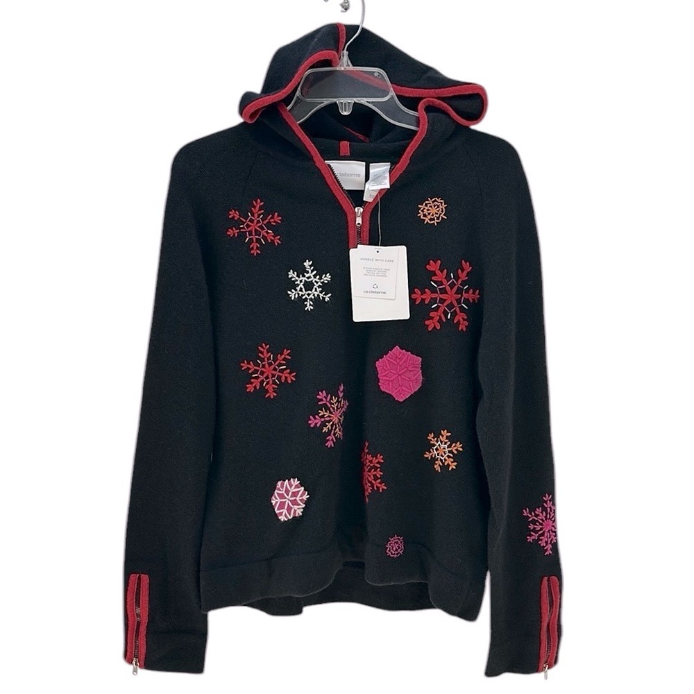 Liz Claiborne Black 1/4 Zip Hood Embroidered Wool Angora Blend Sweater L